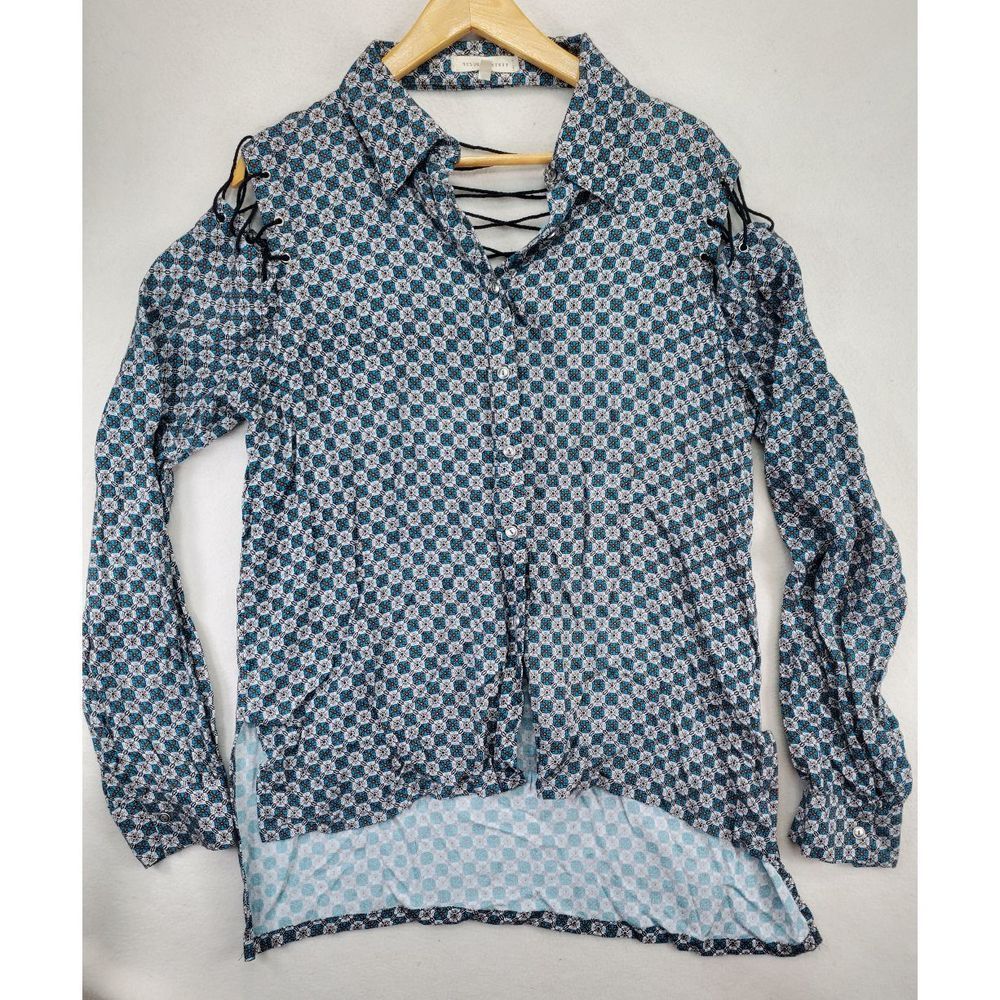 Buckle Guilded Intent Long Sleeve Button Down Bare Shoulder Tie Back Women's Siz